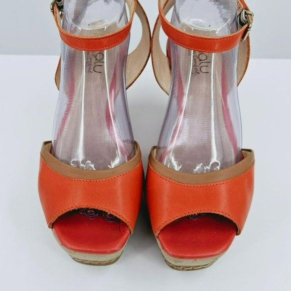 Malu Wedge Sandals 10 Super Comfort Orange Tan Stripe Tall Open Toe Ankle Straps - Picture 5 of 13